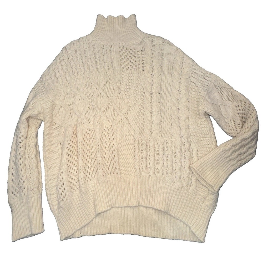 Athleta Bedford Wool Cashmere Cream Cable Chunky Knit Turtleneck Sweater Size M